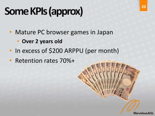 20
Some KPIs (approx)
 • Mature PC browser games in Japan
   • Over 2 years old
 • In excess of $200 ARPPU (per month)
 • Retention rates 70%+
 
