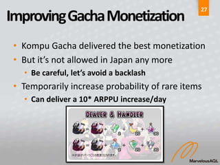 27
Improving GachaMonetization
 • Kompu Gacha delivered the best monetization
 • But it’s not allowed in Japan any more
   • Be careful, let’s avoid a backlash
 • Temporarily increase probability of rare items
   • Can deliver a 10* ARPPU increase/day
 