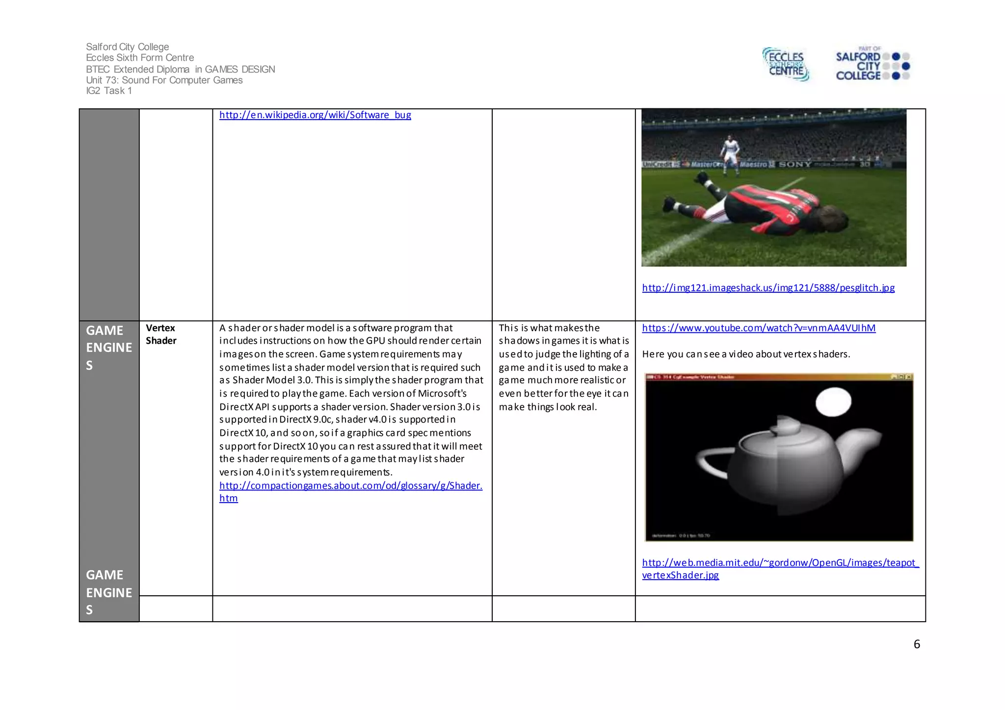Salford City College 
Eccles Sixth Form Centre 
BTEC Extended Diploma in GAMES DESIGN 
Unit 73: Sound For Computer Games 
IG2 Task 1 
6 
http://en.wikipedia.org/wiki/Software_bug 
http://img121.imageshack.us/img121/5888/pesglitch.jpg 
GAME 
ENGINE 
S 
GAME 
ENGINE 
S 
Vertex 
Shader 
A shader or shader model is a software program that 
includes instructions on how the GPU should render certain 
images on the screen. Game system requirements may 
sometimes list a shader model version that is required such 
as Shader Model 3.0. This is simply the shader program that 
i s required to play the game. Each version of Microsoft's 
Di rectX API supports a shader version. Shader version 3.0 i s 
supported in DirectX 9.0c, shader v4.0 i s supported in 
Di rectX 10, and so on, so i f a graphics card spec mentions 
support for DirectX 10 you can rest assured that it will meet 
the shader requirements of a game that may l ist shader 
vers ion 4.0 in i t's system requirements. 
http://compactiongames.about.com/od/glossary/g/Shader. 
htm 
Thi s is what makes the 
shadows in games it is what is 
used to judge the lighting of a 
game and i t is used to make a 
game much more realistic or 
even better for the eye it can 
make things look real. 
https ://www.youtube.com/watch?v=vnmAA4VUIhM 
Here you can see a video about vertex shaders. 
http://web.media.mit.edu/~gordonw/OpenGL/images/teapot_ 
vertexShader.jpg 
 