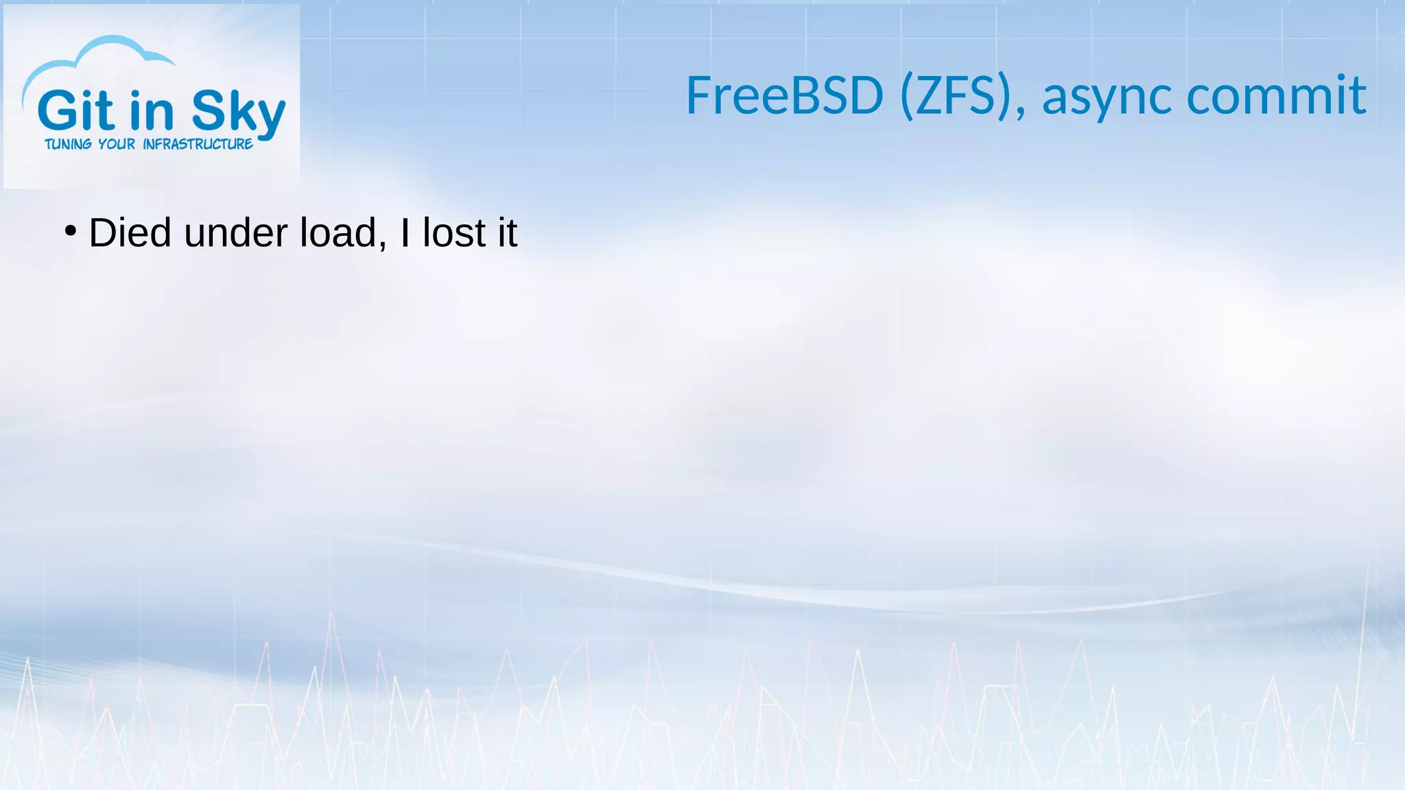 FreeBSD (ZFS), async commit
●
Died under load, I lost it
 
