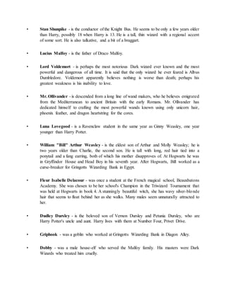 • Stan Shunpike - is the conductor of the Knight Bus. He seems to be only a few years older
than Harry, possibly 18 when Harry is 13. He is a tall, thin wizard with a regional accent
of some sort. He is also talkative, and a bit of a braggart.
• Lucius Malfoy - is the father of Draco Malfoy.
• Lord Voldemort - is perhaps the most notorious Dark wizard ever known and the most
powerful and dangerous of all time. It is said that the only wizard he ever feared is Albus
Dumbledore. Voldemort apparently believes nothing is worse than death; perhaps his
greatest weakness is his inability to love.
• Mr. Ollivander - is descended from a long line of wand makers, who he believes emigrated
from the Mediterranean to ancient Britain with the early Romans. Mr. Ollivander has
dedicated himself to crafting the most powerful wands known using only unicorn hair,
phoenix feather, and dragon heartstring for the cores.
• Luna Lovegood - is a Ravenclaw student in the same year as Ginny Weasley, one year
younger than Harry Potter.
• William "Bill" Arthur Weasley - is the eldest son of Arthur and Molly Weasley; he is
two years older than Charlie, the second son. He is tall with long, red hair tied into a
ponytail and a fang earring, both of which his mother disapproves of. At Hogwarts he was
in Gryffindor House and Head Boy in his seventh year. After Hogwarts, Bill worked as a
curse-breaker for Gringotts Wizarding Bank in Egypt.
• Fleur Isabelle Delacour - was once a student at the French magical school, Beauxbatons
Academy. She was chosen to be her school's Champion in the Triwizard Tournament that
was held at Hogwarts in book 4. A stunningly beautiful witch, she has wavy silver-blonde
hair that seems to float behind her as she walks. Many males seem unnaturally attracted to
her.
• Dudley Dursley - is the beloved son of Vernon Dursley and Petunia Dursley, who are
Harry Potter's uncle and aunt. Harry lives with them at Number Four, Privet Drive.
• Griphook - was a goblin who worked at Gringotts Wizarding Bank in Diagon Alley.
• Dobby - was a male house-elf who served the Malfoy family. His masters were Dark
Wizards who treated him cruelly.
 