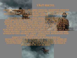 Conform originalului din limba engleză,  Quidditch through the ages , vâjt-haţul este un sport ficţional creat de autoarea engleză J. K. Rowling, care se joacă în seria de romane  Harry Potter . Jucătorii utilizează mături zburătoare pentru a se deplasa în aer. Scopul jocului este de a prinde cât mai repede „hoţoaica”, o minge mică şi aurie. Pe lânga această „hoţoaică” mai există şi balonul ghiulea, care are scopul de ai dezechilibra pe adversari de pe mături şi nu în ultimul rând mingea de joc care trebuie aruncată de atacanţii unei echipe printr-unul dintre cele trei inele ale porţii adverse. La Hogwarts există patru echipe, fiecare aparţinând unei anumite „case”,  Cercetaşii ,  Astropufii ,  Ochi-de-Şoim  şi  Viperinii . Harry Potter este luat de acasa si dus la Hogwarts,scoala de vrajutori la 11 ani.Este trimis de palaria vorbitoare la cercetasi alaturi de prietenii lui.In fiecare an el da de cate o problema si chiar il intalneste pe Cap de Mort. VÂJT-HAŢUL 