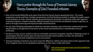 Harry potter through the Focus of Feminist Literary
Theory: Examples of (Un) Founded criticism:
• Over all Krunoslav MIKULAN write about how feminist literary theory appropriate here. The novels
analyzation can be read from multiple perspectives and that Rowling succeeds in making the reader aware
of the problems of male- female relations by positioning the characters on opposite sides with regard to
emotional relations, relations towards, different people and the family and towards society in general, as
well as through convincing and impressionable characterization.
• He says that if Rowling attempted to divide her attention between men and women mathematically this
would reflect on the general construction of the novel and would lead to a considerable sense of
artificiality.
• His point of view, we are unable to each an irrefutable conclusion on gender equality in Rowling's novel. It
would appear that the author does not intend to promote sexual equality, nor does she attempt to
perpetuate permanently established norms and customs.
• However Rowling's intentions are not to erase the difference. Rather she places them at the opposite ends
of an imagined circle, on an equidistant trajectory, so that never nullify each other.
http://www.sosyalarastirmalar.com/cilt2/sayi9pdf/mik
ulan_krunoslav.pdf
 