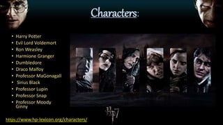 Characters:
• Harry Potter
• Evil Lord Voldemort
• Ron Weasley
• Harmione Granger
• Dumbledore
• Draco Malfoy
• Professor MaGonagall
• Sirius Black
• Professor Lupin
• Professor Snap
• Professor Moody
Ginny
https://www.hp-lexicon.org/characters/
 
