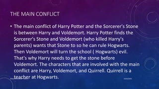 THE MAIN CONFLICT
• The main conflict of Harry Potter and the Sorcerer's Stone
is between Harry and Voldemort. Harry Potter finds the
Sorcerer's Stone and Voldemort (who killed Harry's
parents) wants that Stone to so he can rule Hogwarts.
Then Voldemort will turn the school ( Hogwarts) evil.
That's why Harry needs to get the stone before
Voldemort. The characters that are involved with the main
conflict are Harry, Voldemort, and Quirrell. Quirrell is a
teacher at Hogwarts. 10/26/2020MASCARA JUNAID - BSED 3
 