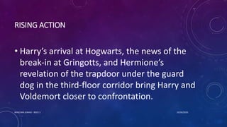 RISING ACTION
• Harry’s arrival at Hogwarts, the news of the
break-in at Gringotts, and Hermione’s
revelation of the trapdoor under the guard
dog in the third-floor corridor bring Harry and
Voldemort closer to confrontation.
10/26/2020MASCARA JUNAID - BSED 3
 