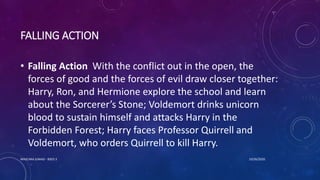 FALLING ACTION
• Falling Action With the conflict out in the open, the
forces of good and the forces of evil draw closer together:
Harry, Ron, and Hermione explore the school and learn
about the Sorcerer’s Stone; Voldemort drinks unicorn
blood to sustain himself and attacks Harry in the
Forbidden Forest; Harry faces Professor Quirrell and
Voldemort, who orders Quirrell to kill Harry.
10/26/2020MASCARA JUNAID - BSED 3
 