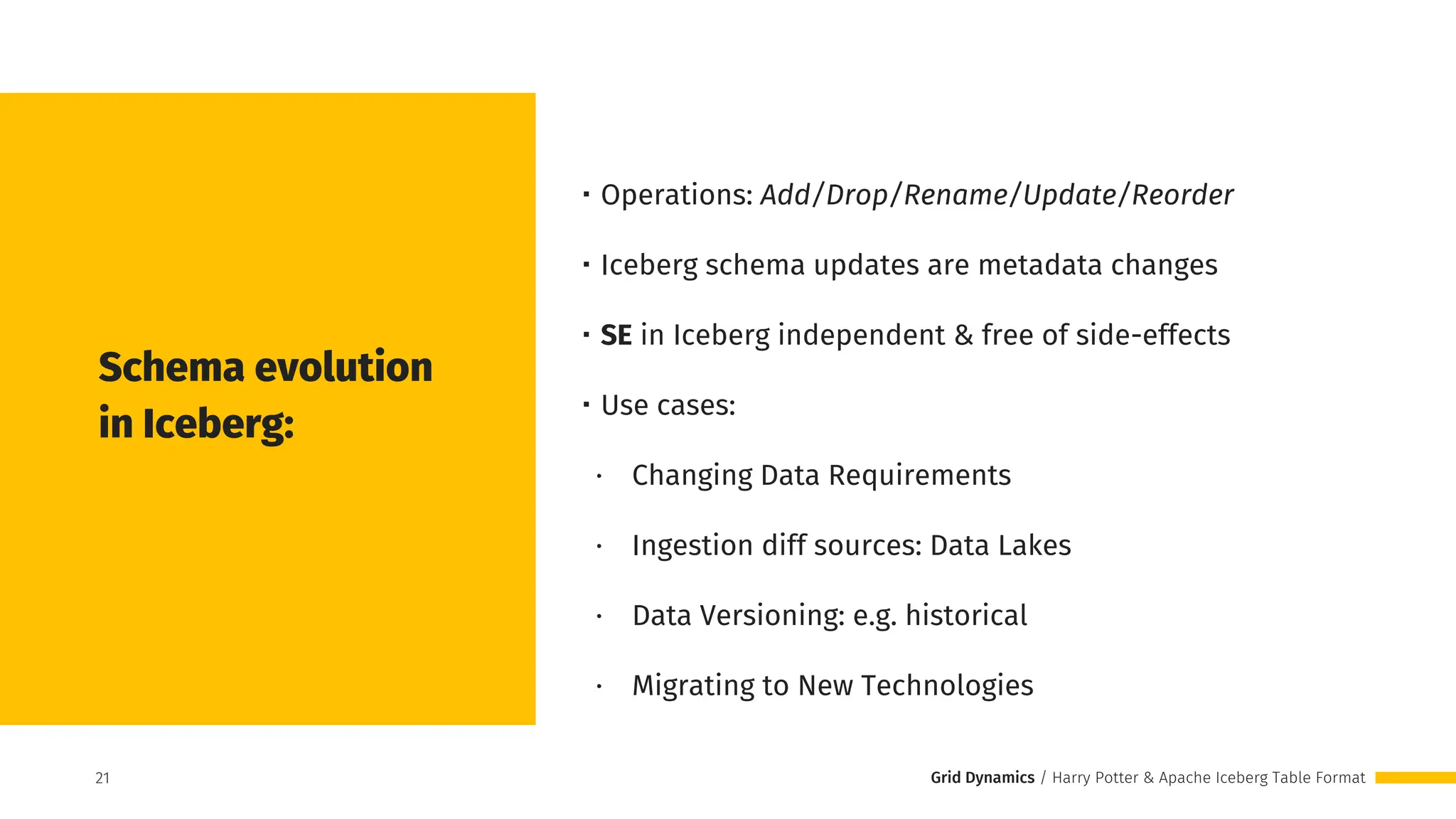 Grid Dynamics / Harry Potter & Apache Iceberg Table Format
・Operations: Add/Drop/Rename/Update/Reorder
・Iceberg schema updates are metadata changes
・SE in Iceberg independent & free of side-effects
・Use cases:
∙ Changing Data Requirements
∙ Ingestion diff sources: Data Lakes
∙ Data Versioning: e.g. historical
∙ Migrating to New Technologies
Schema evolution
in Iceberg:
21
21
 