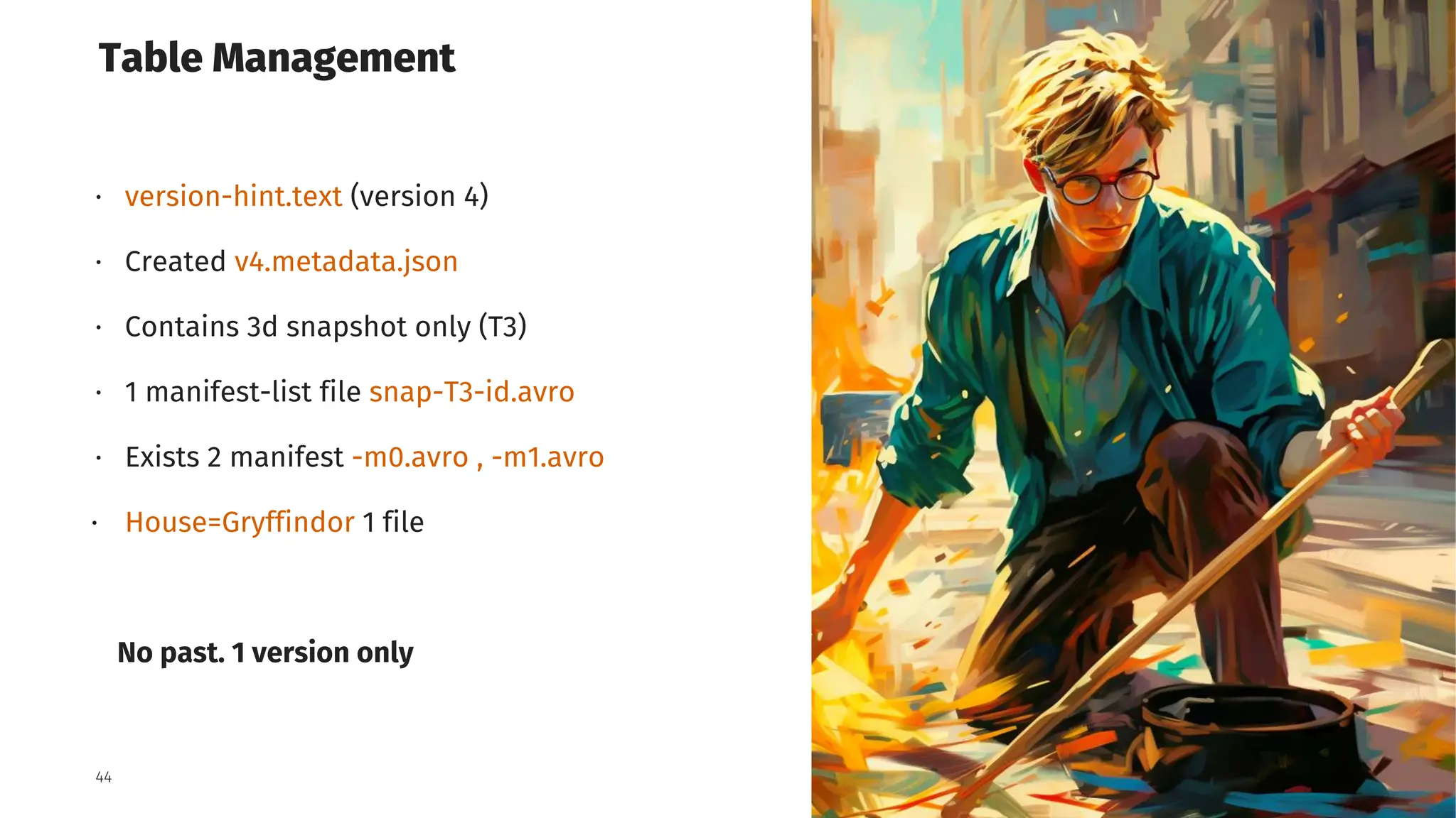 Grid Dynamics / Harry Potter & Apache Iceberg Table Format
44
Table Management
⋅ version-hint.text (version 4)
⋅ Created v4.metadata.json
⋅ Contains 3d snapshot only (T3)
⋅ 1 manifest-list file snap-T3-id.avro
⋅ Exists 2 manifest -m0.avro , -m1.avro
⋅ House=Gryffindor 1 file
No past. 1 version only
 
