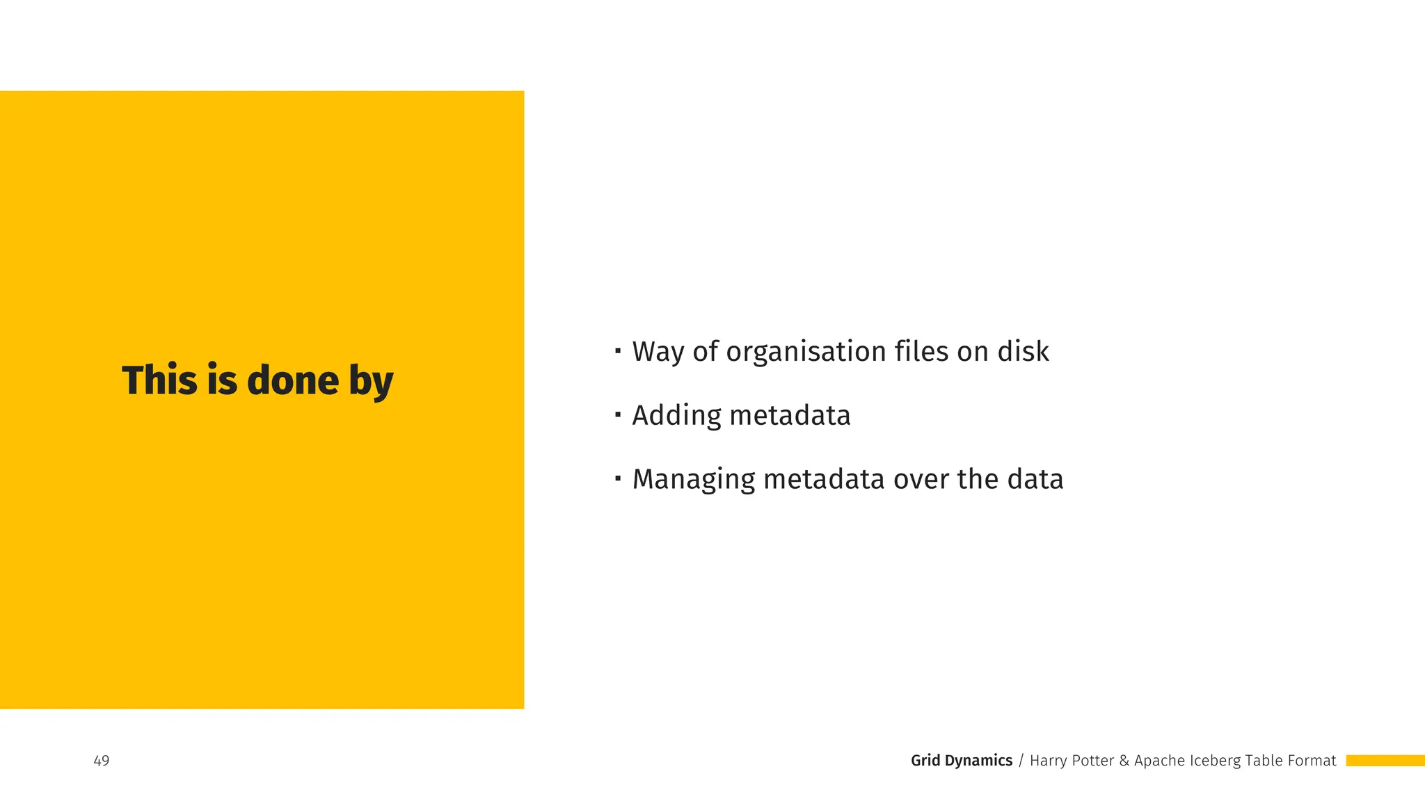 Grid Dynamics / Harry Potter & Apache Iceberg Table Format
This is done by
49
・Way of organisation files on disk
・Adding metadata
・Managing metadata over the data
49
 
