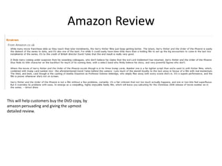 Amazon Review




This will help customers buy the DVD copy, by
amazon persuading and giving the upmost
detailed review.
 