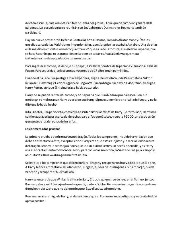 Resumen del Libro Harry potter y el cáliz de fuego
