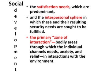 Social
d
e
v
e
l
o
p
m
e
n
t

• the satisfaction needs, which are
predominant,
• and the interpersonal sphere in
which these and their resulting
security needs are sought to be
fulfilled.
• the primary “zone of
interaction”—bodily areas
through which the individual
channels needs, anxiety, and
relief—in interactions with the
environment.

 
