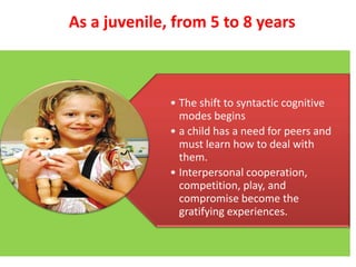 As a juvenile, from 5 to 8 years

• The shift to syntactic cognitive
modes begins
• a child has a need for peers and
must learn how to deal with
them.
• Interpersonal cooperation,
competition, play, and
compromise become the
gratifying experiences.

 