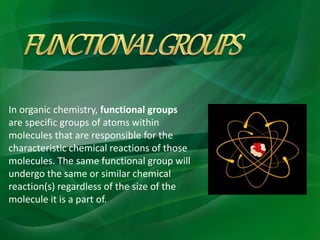 In organic chemistry, functional groups
are specific groups of atoms within
molecules that are responsible for the
characteristic chemical reactions of those
molecules. The same functional group will
undergo the same or similar chemical
reaction(s) regardless of the size of the
molecule it is a part of.
 