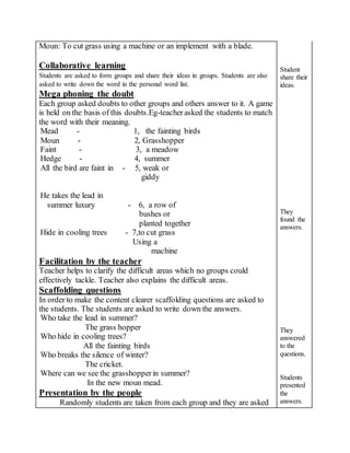 Moun: To cut grass using a machine or an implement with a blade.
Collaborative learning
Students are asked to form groups and share their ideas in groups. Students are also
asked to write down the word in the personal word list.
Mega phoning the doubt
Each group asked doubts to other groups and others answer to it. A game
is held on the basis of this doubts.Eg-teacherasked the students to match
the word with their meaning.
 Mead - 1, the fainting birds
 Moun - 2, Grasshopper
 Faint - 3, a meadow
 Hedge - 4, summer
 All the bird are faint in - 5, weak or
giddy
 He takes the lead in
summer luxury - 6, a row of
bushes or
planted together
 Hide in cooling trees - 7,to cut grass
 Using a
machine
Facilitation by the teacher
Teacher helps to clarify the difficult areas which no groups could
effectively tackle. Teacher also explains the difficult areas.
Scaffolding questions
In order to make the content clearer scaffolding questions are asked to
the students. The students are asked to write down the answers.
 Who take the lead in summer?
The grass hopper
 Who hide in cooling trees?
All the fainting birds
 Who breaks the silence of winter?
The cricket.
 Where can we see the grasshopperin summer?
In the new moun mead.
Presentation by the people
Randomly students are taken from each group and they are asked
Student
share their
ideas.
They
found the
answers.
They
answered
to the
questions.
Students
presented
the
answers.
 