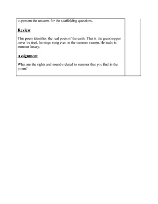 to present the answers for the scaffolding questions.
Review
This poem identifies the real poets of the earth. That is the grasshopper
never be tired, he sings song even in the summer season. He leads in
summer luxury.
Assignment
What are the sights and sounds related to summer that you find in the
poem?
 
