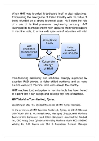 When HMT was founded, it dedicated itself to clear objectives:
Empowering the emergence of Indian Industry with the virtue of
being founded on a strong technical base, HMT done the role
of a one of its kind precession engineering company. HMT
leveraged its technical known how, acquired from world leaders
in machine tools, to arm a wide spectrum of industries with vital
manufacturing machinery and solutions. Strongly supported by
excellent R&D powers, a highly skilled workforce and as many
as nine exclusive machine tools units across the country.
HMT machine tool, enterprise in machine tools has been honed
to a point that it can design and develop any kind of machine.
HMT Machine Tools Limited, Ajmer.
Launching of CNC HCG 55x3000 Machines at HMT Ajmer Premises.
In the premises of HMT Machine Tools Ltd., Ajmer, on 20.12.2014 our
Chief Guest Shri B. M. Shivashankar, Managing Director, HMT Machine
Tools Limited Corporate Head Office, Bangalore Launched the Product
i.e., CNC Heavy Duty Cylindrical Grinding Machine Model HCG 55x3000
valuing Rs. 3.50 Crores and Shri K. Ravindran, General Manager
Corporate
Strengh
of HMT
Well
estalbished
manufacturing
base
Strong Brand
Equity
Units
Accredited
with ISO 9000
 