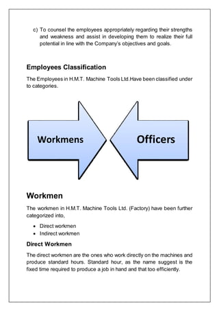 c) To counsel the employees appropriately regarding their strengths
and weakness and assist in developing them to realize their full
potential in line with the Company’s objectives and goals.
Employees Classification
The Employees in H.M.T. Machine Tools Ltd.Have been classified under
to categories.
Workmen
The workmen in H.M.T. Machine Tools Ltd. (Factory) have been further
categorized into,
 Direct workmen
 Indirect workmen
Direct Workmen
The direct workmen are the ones who work directly on the machines and
produce standard hours. Standard hour, as the name suggest is the
fixed time required to produce a job in hand and that too efficiently.
Workmens Officers
 
