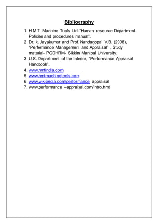 Bibliography
1. H.M.T. Machine Tools Ltd.,”Human resource Department-
Policies and procedures manual”.
2. Dr. k. Jayakumar and Prof. Nandagopal V.B. (2008),
“Performance Management and Appraisal” , Study
material- PGDHRM- Sikkim Manipal University.
3. U.S. Department of the Interior, “Performance Appraisal
Handbook”.
4. www.hmtindia.com
5. www.hmtmachinetools.com
6. www.wikipedia.com/performance appraisal
7. www.performance –appraisal.com/intro.hmt
 