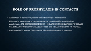 ROLE OF PROPHYLAXIS IN CONTACTS
• All contacts of diphtheria patients should undergo – throat culture
• All contacts irrespective of culture results are considered for antimicrobial
prophylaxis ,TAB ERYTHROMYCIN FOR 7- 10 DAYS OR INJ BENZATHINE PENICILLIN
G 1.2 MILLION UNITS FOR CHILDREN >6YRS and 6 LAKH UNITS FOR < 6 YRS OLD.
• Contacts should receive Tdap vaccine if immunization status is unknown.
 