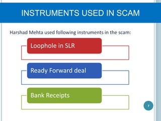 INSTRUMENTS USED IN SCAM
Harshad Mehta used following instruments in the scam:
7
Loophole in SLR
Ready Forward deal
Bank Receipts
 