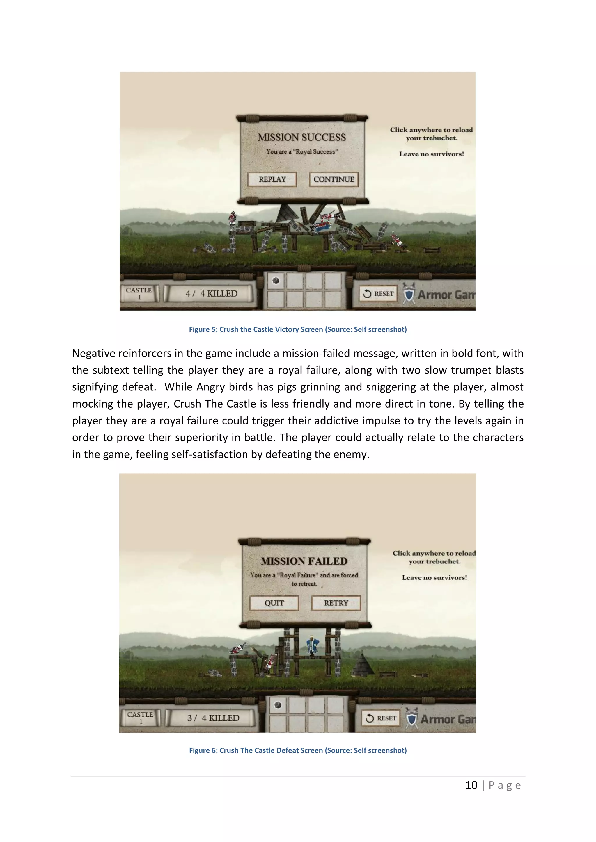 Figure 5: Crush the Castle Victory Screen (Source: Self screenshot)

Negative reinforcers in the game include a mission-failed message, written in bold font, with
the subtext telling the player they are a royal failure, along with two slow trumpet blasts
signifying defeat. While Angry birds has pigs grinning and sniggering at the player, almost
mocking the player, Crush The Castle is less friendly and more direct in tone. By telling the
player they are a royal failure could trigger their addictive impulse to try the levels again in
order to prove their superiority in battle. The player could actually relate to the characters
in the game, feeling self-satisfaction by defeating the enemy.

Figure 6: Crush The Castle Defeat Screen (Source: Self screenshot)

10 | P a g e

 
