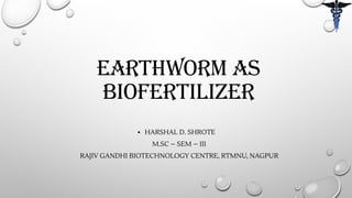 EARTHWORM AS
BIOFERTILIZER
▪ HARSHAL D. SHROTE
M.SC – SEM – III
RAJIV GANDHI BIOTECHNOLOGY CENTRE, RTMNU, NAGPUR
 