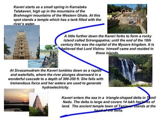 Kaveri starts as a small spring in Karnataka
Talakaveri, high up in the mountains of the
Brahmagiri mountains of the Western Ghats. At this
spot stands a temple which has a tank filled with the
river’s water.
A little further down the Kaveri forks to form a rocky
island called Srirangapatna; until the end of the 18th
century this was the capital of the Mysore kingdom. It is
believed that Lord Vishnu himself came and resided in
these islands.
At Sivasamudram the Kaveri tumbles down as a rapids
and waterfalls, where the river plunges downward in a
wonderful cascade to a depth of 300-350 ft. She falls with
tremendous force and her waters are used to generate
hydroelectricity.
Kaveri enters the sea in a triangle-shaped delta in Tamil
Nadu. The delta is large and covers 14 lakh hectares of
land. The ancient temple town of Tanjavur stands at the
head of the delta.
 
