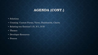 AGENDA (CONT.)
• Solutions
• Creating Custom Forms, Views, Dashboards, Charts
• Relating two Entities( 1:N, N:1, N:N)
• Themes
• Developer Resources
• Process
 