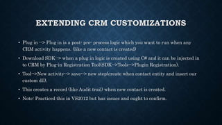 EXTENDING CRM CUSTOMIZATIONS
• Plug in --> Plug in is a post- pre- process logic which you want to run when any
CRM activity happens. (like a new contact is created)
• Download SDK--> when a plug in logic is created using C# and it can be injected in
to CRM by Plug-in Registration Tool(SDK-->Tools-->Plugin Registration).
• Tool-->New activity--> save--> new step(create when contact entity and insert our
custom dll).
• This creates a record (like Audit trail) when new contact is created.
• Note: Practiced this in VS2012 but has issues and ought to confirm.
 
