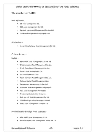 STUDY ON PERFORMANCE OF SELECTED MUTUAL FUND SCHEMES


The members of AMFI:

Bank Sponsored
          SBI Fund Management Ltd.
          BOB Asset Management Co. Ltd.
          Canbank Investment Management Services Ltd.
          UTI Asset Management Company Pvt. Ltd.




Institutions -
          Jeevan Bima Sahayog Asset Management Co. Ltd.



Private Sector: -
Indian -
          Benchmark Asset Management Co. Pvt. Ltd.
          Cholamandalam Asset Management Co. Ltd.
          Credit Capital Asset Management Co. Ltd.
          Escorts Asset Management Ltd.
          JM Financial Mutual Fund
          Kotak Mahindra Asset Management Co. Ltd.
          Reliance Capital Asset Management Ltd.
          Sahara Asset Management Co. Pvt. Ltd
          Sundaram Asset Management Company Ltd.
          Tata Asset Management Private Ltd.
          Predominantly India Joint Ventures:-
          Birla Sun Life Asset Management Co. Ltd.
          DSP Merrill Lynch Fund Managers Limited
          HDFC Asset Management Company Ltd.



Predominantly Foreign Joint Ventures:-

          ABN AMRO Asset Management (I) Ltd.
          Alliance Capital Asset Management (India) Pvt. Ltd.



Surana College P.G Centre                           -17-         Harsha .B.N
 