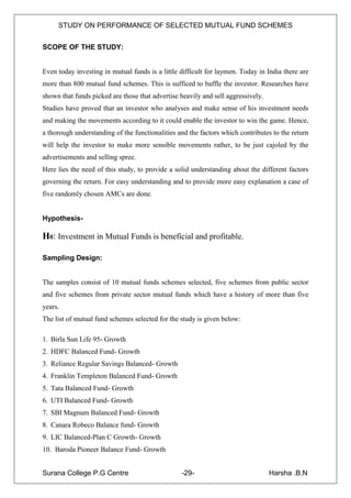 STUDY ON PERFORMANCE OF SELECTED MUTUAL FUND SCHEMES


SCOPE OF THE STUDY:


Even today investing in mutual funds is a little difficult for laymen. Today in India there are
more than 800 mutual fund schemes. This is sufficed to baffle the investor. Researches have
shown that funds picked are those that advertise heavily and sell aggressively.
Studies have proved that an investor who analyses and make sense of his investment needs
and making the movements according to it could enable the investor to win the game. Hence,
a thorough understanding of the functionalities and the factors which contributes to the return
will help the investor to make more sensible movements rather, to be just cajoled by the
advertisements and selling spree.
Here lies the need of this study, to provide a solid understanding about the different factors
governing the return. For easy understanding and to provide more easy explanation a case of
five randomly chosen AMCs are done.


Hypothesis-

H0: Investment in Mutual Funds is beneficial and profitable.

Sampling Design:


The samples consist of 10 mutual funds schemes selected, five schemes from public sector
and five schemes from private sector mutual funds which have a history of more than five
years.
The list of mutual fund schemes selected for the study is given below:

1. Birla Sun Life 95- Growth
2. HDFC Balanced Fund- Growth
3. Reliance Regular Savings Balanced- Growth
4. Franklin Templeton Balanced Fund- Growth
5. Tata Balanced Fund- Growth
6. UTI Balanced Fund- Growth
7. SBI Magnum Balanced Fund- Growth
8. Canara Robeco Balance fund- Growth
9. LIC Balanced-Plan C Growth- Growth
10. Baroda Pioneer Balance Fund- Growth


Surana College P.G Centre                        -29-                             Harsha .B.N
 