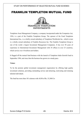 STUDY ON PERFORMANCE OF SELECTED MUTUAL FUND SCHEMES


  FRANKLIN TEMPLETON MUTUAL FUND




Templeton Asset Management Company, a company incorporated under the Companies Act,
1956, is a part of the Franklin Templeton Group. The sponsor of the Fund Templeton
International Inc., is a wholly owned subsidiary of Templeton Worldwide Inc., which in turn
is a wholly owned subsidiary of Franklin Resources Inc. The Franklin Templeton Group is
one of the world s largest Investment Management Companies. It has over 50 years of
experience in International Investment Management with 34 offices in over 23 countries,
which service over 10 million unit holders.

It flagged off the mutual fund business with the launch of Templeton India Growth Fund in
September 1996, and since then the business has grown at a steady pace.

Vision:

To be the premier global investment management organization by offering high quality
investment solutions, providing outstanding service and attracting, motivating and retaining
talented individuals.

The fund has more than 181 schemes with AUM of Rs. 33,300 Crs




Surana College P.G Centre                       -48-                          Harsha .B.N
 