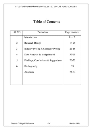 STUDY ON PERFORMANCE OF SELECTED MUTUAL FUND SCHEMES




                        Table of Contents

  Sl. NO                     Particulars            Page Number

     1        Introduction                             01-17

     2        Research Design                          18-25

     3        Industry Profile & Company Profile       26-56

     4        Data Analysis & Interpretation           57-69

     5        Findings, Conclusions & Suggestions      70-72

     6        Bibliography                              73

              Annexure                                 74-83




Surana College P.G Centre              -5-             Harsha .B.N
 