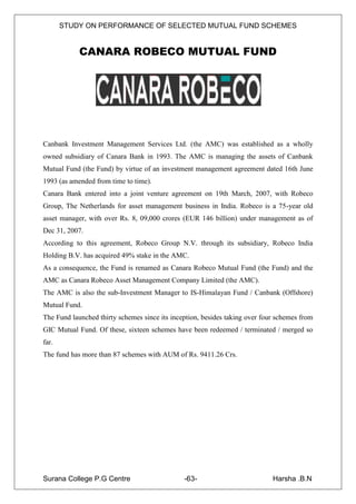 STUDY ON PERFORMANCE OF SELECTED MUTUAL FUND SCHEMES


            CANARA ROBECO MUTUAL FUND




Canbank Investment Management Services Ltd. (the AMC) was established as a wholly
owned subsidiary of Canara Bank in 1993. The AMC is managing the assets of Canbank
Mutual Fund (the Fund) by virtue of an investment management agreement dated 16th June
1993 (as amended from time to time).
Canara Bank entered into a joint venture agreement on 19th March, 2007, with Robeco
Group, The Netherlands for asset management business in India. Robeco is a 75-year old
asset manager, with over Rs. 8, 09,000 crores (EUR 146 billion) under management as of
Dec 31, 2007.
According to this agreement, Robeco Group N.V. through its subsidiary, Robeco India
Holding B.V. has acquired 49% stake in the AMC.
As a consequence, the Fund is renamed as Canara Robeco Mutual Fund (the Fund) and the
AMC as Canara Robeco Asset Management Company Limited (the AMC).
The AMC is also the sub-Investment Manager to IS-Himalayan Fund / Canbank (Offshore)
Mutual Fund.
The Fund launched thirty schemes since its inception, besides taking over four schemes from
GIC Mutual Fund. Of these, sixteen schemes have been redeemed / terminated / merged so
far.
The fund has more than 87 schemes with AUM of Rs. 9411.26 Crs.




Surana College P.G Centre                      -63-                          Harsha .B.N
 