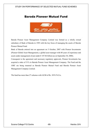 STUDY ON PERFORMANCE OF SELECTED MUTUAL FUND SCHEMES




                 Baroda Pioneer Mutual Fund




Baroda Pioneer Asset Management Company Limited was formed as a wholly owned
subsidiary of Bank of Baroda in 1995 with the key focus of managing the assets of Baroda
Pioneer Mutual Fund.
Bank of Baroda entered into an agreement on 5 October, 2007 with Pioneer Investments
(Pioneer Global Asset Management), a global asset manager with 80 years of experience and
assets under management of just under € 187.86 billion (as on September 30, 2008).
Consequent to the agreement and necessary regulatory approvals, Pioneer Investments has
acquired a stake of 51% in Baroda Pioneer Asset Management Company. The Fund and the
AMC are being renamed as Baroda Pioneer Mutual Fund and Baroda Pioneer Asset
Management Company Limited.


The fund has more than 27 schemes with AUM of Rs. 3874.76 Crs.




Surana College P.G Centre                      -66-                           Harsha .B.N
 