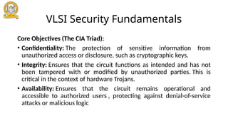 VLSI Security Fundamentals
Core Objectives (The CIA Triad):
• Confidentiality: The protection of sensitive information from
unauthorized access or disclosure, such as cryptographic keys.
• Integrity: Ensures that the circuit functions as intended and has not
been tampered with or modified by unauthorized parties. This is
critical in the context of hardware Trojans.
• Availability: Ensures that the circuit remains operational and
accessible to authorized users , protecting against denial-of-service
attacks or malicious logic
 