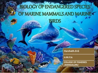 Harshath.D.G
Jr.M.F.Sc
COLLEGE OF FISHERIES
,MANGALURU
BIOLOGY OF ENDANGERED SPECIES
OF MARINE MAMMALS AND MARINE
BIRDS
 