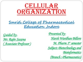 Cellular
organization
Presented by-
Harsh Wardhan Billore
M. Pharm 1st semester
Subject:-Biotechnology and
Bioinformatics
(Branch :-Pharmaceutics)
Guided by-
Mr. Rajiv Saxena
( Associate Professor )
Smriti College of Pharmaceutical
Education ,Indore
 