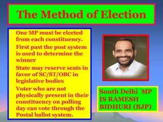 The Method of Election 
• One MP must be elected 
from each constituency. 
• First past the post system 
is used to determine the 
winner 
• State may reserve seats in 
favor of SC/ST/OBC in 
legislative bodies 
• Voter who are not 
physically present in their 
constituency on polling 
day can vote through the 
Postal ballot system. 
South Delhi MP 
IS RAMESH 
BIDHURI (BJP) 
 