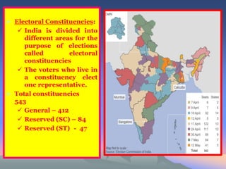 Electoral Constituencies: 
 India is divided into 
different areas for the 
purpose of elections 
called electoral 
constituencies 
 The voters who live in 
a constituency elect 
one representative. 
 Total constituencies 
543 
 General – 412 
 Reserved (SC) – 84 
 Reserved (ST) - 47 
 