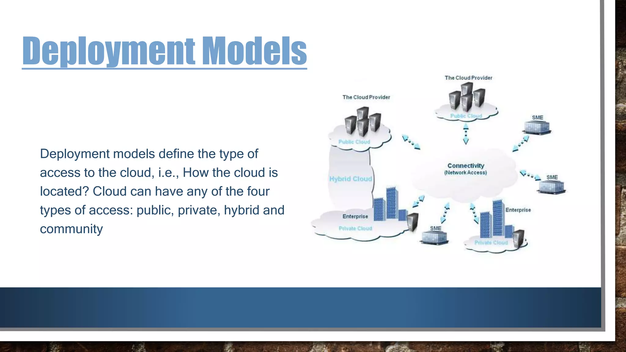 Deployment Models
Deployment models define the type of
access to the cloud, i.e., How the cloud is
located? Cloud can have any of the four
types of access: public, private, hybrid and
community
 