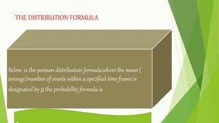 THE DISTRIBUTION FORMULA
Below is the poisson distribution formula,where the mean (
average)number of events within a specified time frame is
designated by µ.the probability formula is
 