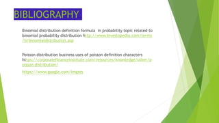BIBLIOGRAPHY
Binomial distribution definition formula in probability topic related to
binomial probability distribution http://www.Investopedia.com/terms
/b/binomialdistribution.asp
Poisson distribution business uses of poisson definition characters
https://corporatefinanceinstitute.com/resources/knowledge/other/p
oisson-distribution/
https://www.google.com/imgres
 
