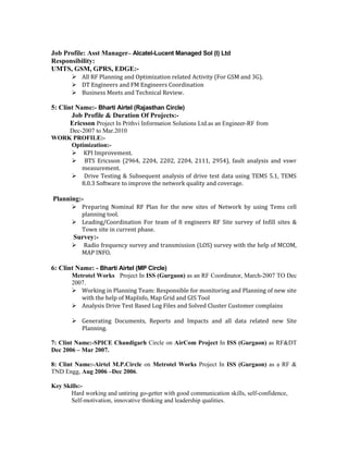 Job Profile: Asst Manager– Alcatel-Lucent Managed Sol (I) Ltd
Responsibility:
UMTS, GSM, GPRS, EDGE:-
 All RF Planning and Optimization related Activity (For GSM and 3G).
 DT Engineers and FM Engineers Coordination
 Business Meets and Technical Review.
5: Clint Name:- Bharti Airtel (Rajasthan Circle)
Job Profile & Duration Of Projects:-
Ericsson Project In Prithvi Information Solutions Ltd.as an Engineer-RF from
Dec-2007 to Mar.2010
WORK PROFILE:-
Optimization:-
 KPI Improvement.
 BTS Ericsson (2964, 2204, 2202, 2204, 2111, 2954), fault analysis and vswr
measurement.
 Drive Testing & Subsequent analysis of drive test data using TEMS 5.1, TEMS
8.0.3 Software to improve the network quality and coverage.
Planning:-
 Preparing Nominal RF Plan for the new sites of Network by using Tems cell
planning tool.
 Leading/Coordination For team of 8 engineers RF Site survey of Infill sites &
Town site in current phase.
Survey:-
 Radio frequency survey and transmission (LOS) survey with the help of MCOM,
MAP INFO.
6: Clint Name: - Bharti Airtel (MP Circle)
Metrotel Works Project In ISS (Gurgaon) as an RF Coordinator, March-2007 TO Dec
2007.
 Working in Planning Team: Responsible for monitoring and Planning of new site
with the help of MapInfo, Map Grid and GIS Tool
 Analysis Drive Test Based Log Files and Solved Cluster Customer complains
 Generating Documents, Reports and Impacts and all data related new Site
Planning.
7: Clint Name:-SPICE Chandigarh Circle on AirCom Project In ISS (Gurgaon) as RF&DT
Dec 2006 – Mar 2007.
8: Clint Name:-Airtel M.P.Circle on Metrotel Works Project In ISS (Gurgaon) as a RF &
TND Engg, Aug 2006 –Dec 2006.
Key Skills:-
Hard working and untiring go-getter with good communication skills, self-confidence,
Self-motivation, innovative thinking and leadership qualities.
 