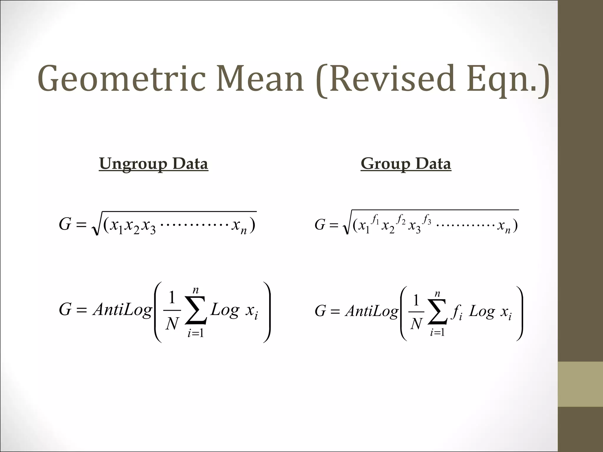 Geometric Mean (Revised Eqn.)
)( 321 nxxxxG =








= ∑=
n
i
ixLog
N
AntiLogG
1
1








= ∑=
n
i
ii xLogf
N
AntiLogG
1
1
)( 321
321 n
fff
xxxxG =
Ungroup Data Group Data
 