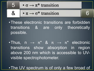 5 • σ→ π* transition 
& • π→ σ* transition 6 
•These electronic transitions are forbidden 
transitions & are only theoretically 
possible. 
•Thus, n → π* & π → π* electronic 
transitions show absorption in region 
above 200 nm which is accessible to UV-visible 
spectrophotometer. 
•The UV spectrum is of only a few broad of 
 