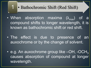 1 • Bathochromic Shift (Red Shift) 
• When absorption maxima (λmax) of a 
compound shifts to longer wavelength, it is 
known as bathochromic shift or red shift. 
• The effect is due to presence of an 
auxochrome or by the change of solvent. 
• e.g. An auxochrome group like –OH, -OCH3 
causes absorption of compound at longer 
wavelength. 
 