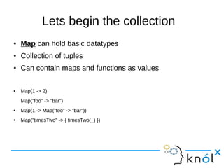 Lets begin the collection
● Map can hold basic datatypes
● Collection of tuples
● Can contain maps and functions as values
● Map(1 -> 2)
Map("foo" -> "bar")
● Map(1 -> Map("foo" -> "bar"))
● Map("timesTwo" -> { timesTwo(_) })
 